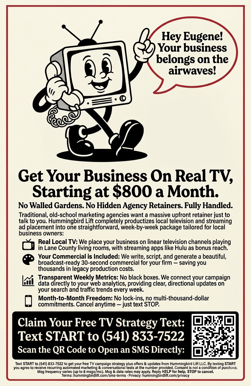 Hummingbird Lift poster: cartoon television mascot on the phone, 'Hey Eugene! Your business belongs on the airwaves!' Get your business on real TV starting at $800 a month. Text START to (541) 833-7522.